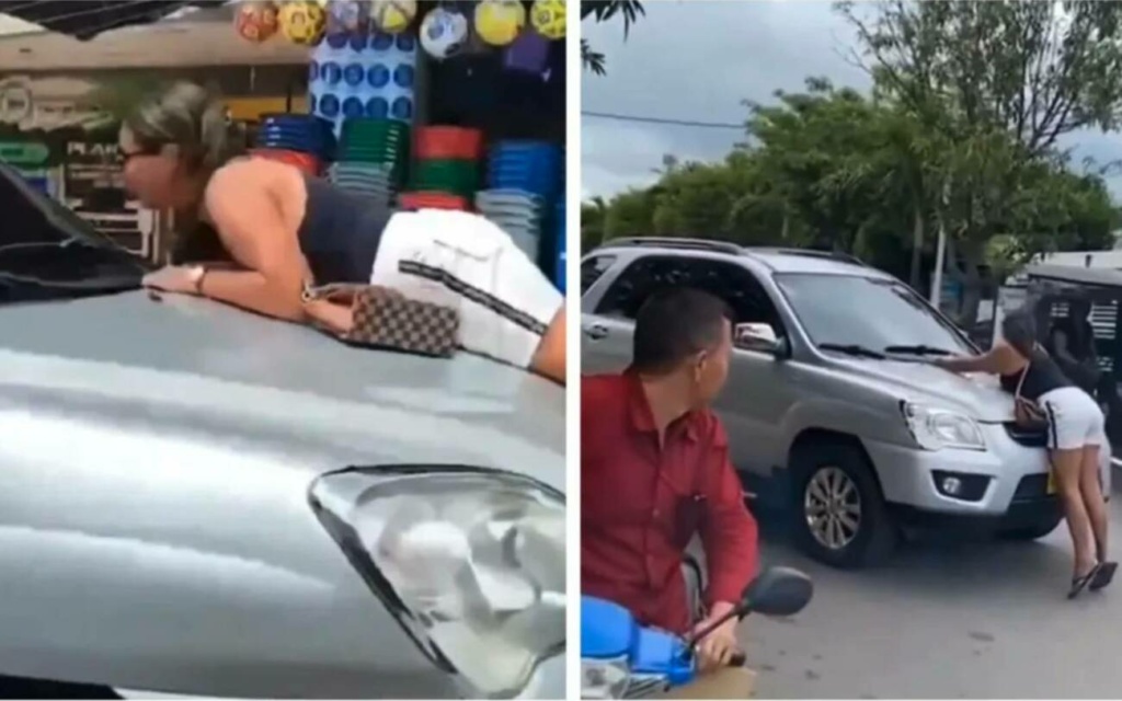 [VIDEO] ¡Escándalo! Una mujer pilló a su “pierna peluda” con otra y se le tiró sobre la camioneta